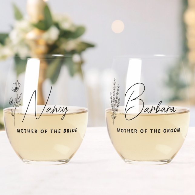 Vaso De Vino Floral madre personalizada del novio de la novia (Simple Modern Mother of the Bride Floral Stemless Glass, Mother of the Groom Gift, Wedding Party Set)