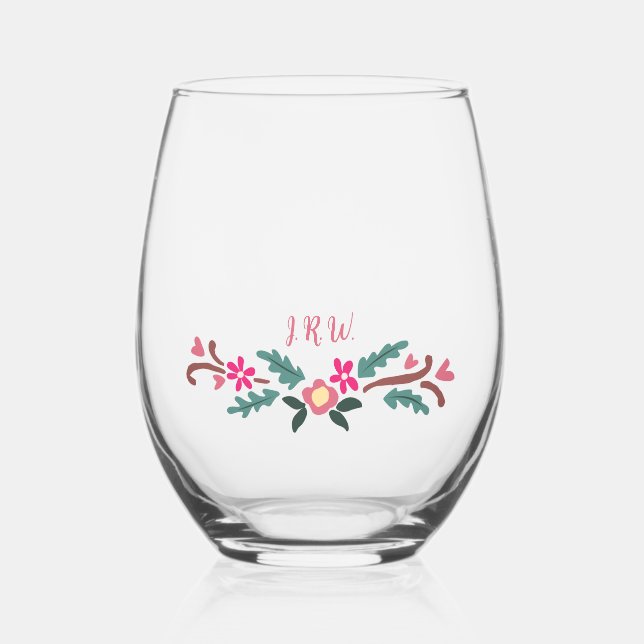 Vaso De Vino Florales rústicos con iniciales (Anverso)