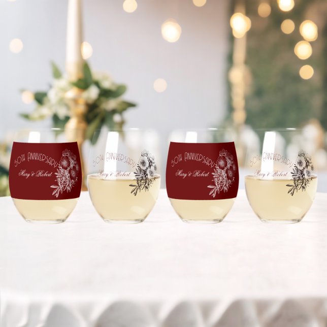 Vaso De Vino Floreció 50º aniversario - burdeos y blanco (Insitu (Boda))