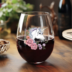 Vaso De Vino Flores de Unicornio Blanco Encantado Rosa Negro