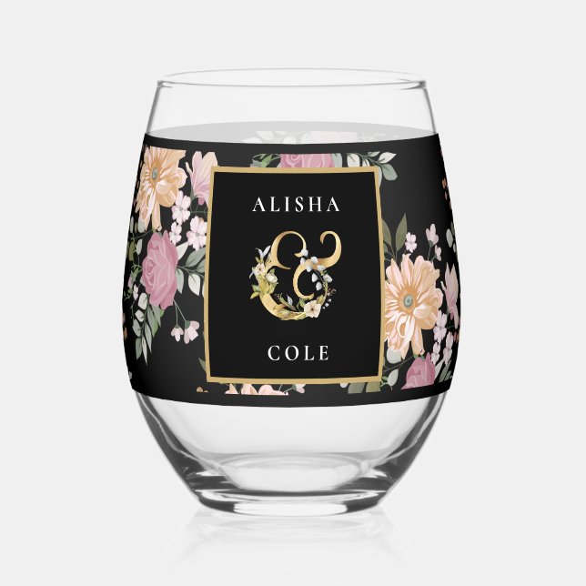 Vaso De Vino Flores de verano en Boda negro (Anverso)