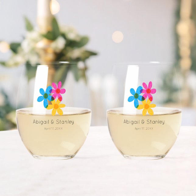 Vaso De Vino Flores Hippie Brillantes y Negrita Boda Primaria (Insitu (Boda))