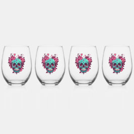 Vaso De Vino Flores Retro Calavera Rockabilly