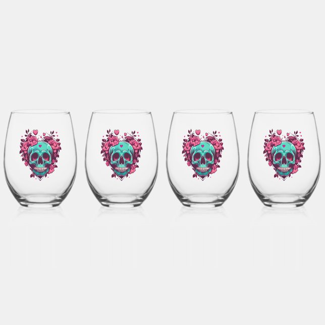 Vaso De Vino Flores Retro Calavera Rockabilly (Anverso)