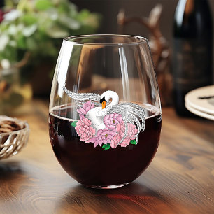 Vaso De Vino Flores rosadas de cisne blanco