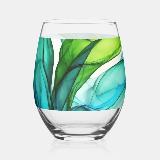 Vaso De Vino Formas que fluyen en verde y azul (Anverso)