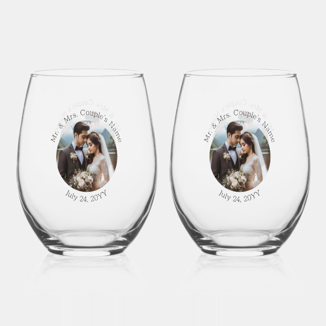 Vaso De Vino Foto boda Sr. y Sra. Personalized Elegant (Anverso)
