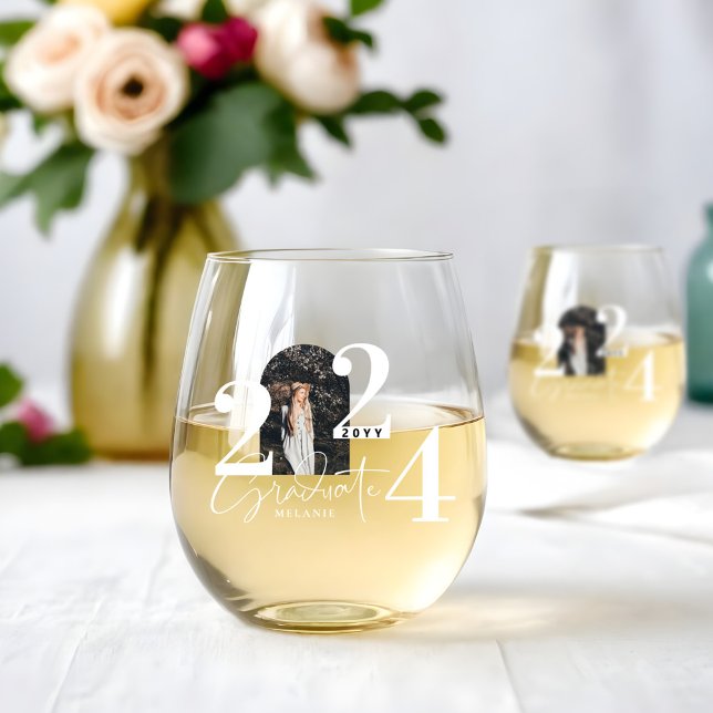 Vaso De Vino Foto de arco personalizado con escritura de gradua (Modern Graduate Script Personalized Arch Photo Stemless Wine Glass)