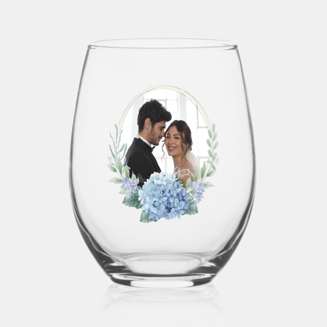 Vaso De Vino Foto de Boda floral azul y blanco (Anverso)