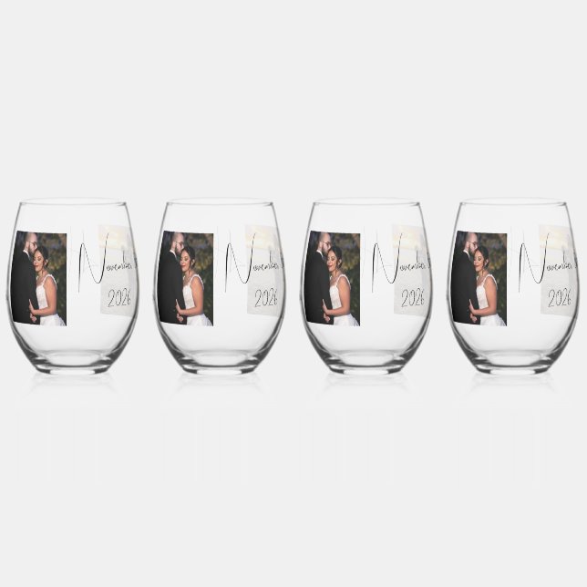 Vaso De Vino Foto personalizada de Bride & Groom (Reverso)