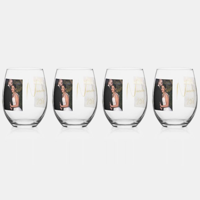 Vaso De Vino Foto personalizada de Bride & Groom Gold (Reverso)