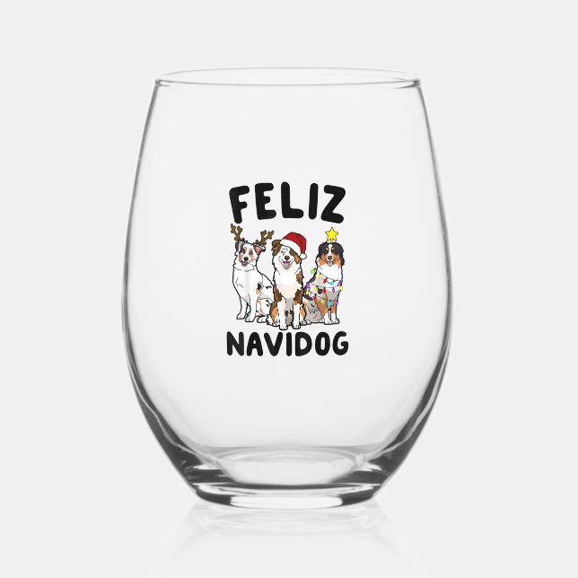 Vaso De Vino Funny Feliz Navidog Australian Shepherd lover (Anverso)