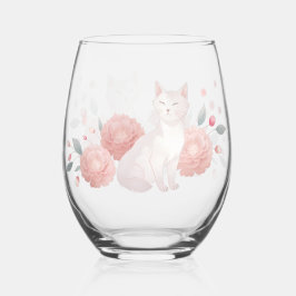 Vaso De Vino Gafas transparentes con gato y peonías