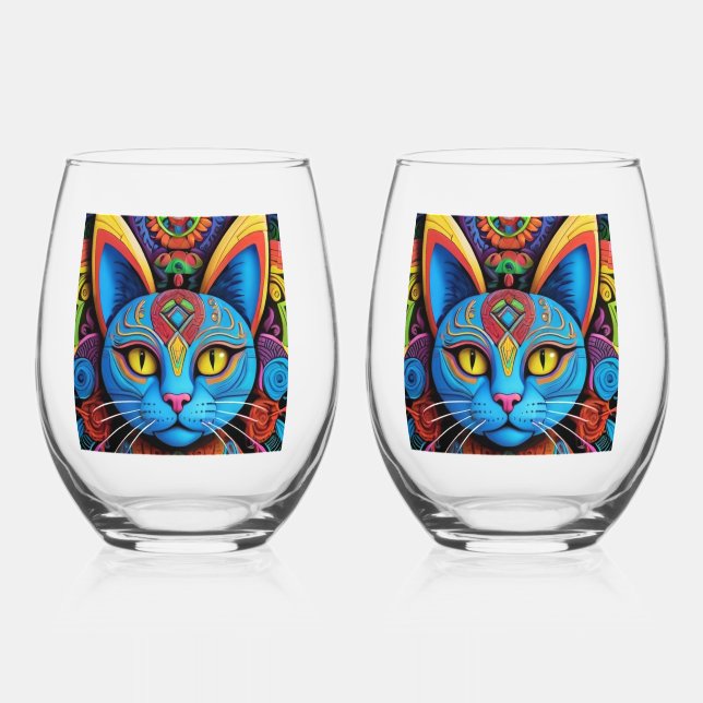 Vaso De Vino Gato abstracto con ojos amarillos     (Anverso)