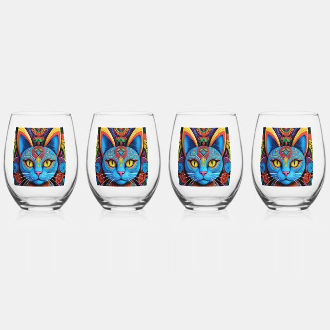 Vaso De Vino Gato abstracto con ojos amarillos     (Anverso)