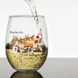 Vaso De Vino Gato atigrado naranja divertido jugando cartas de