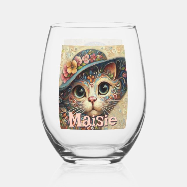 Vaso De Vino Gato caprichoso con floral Gorra personalizado (Anverso)