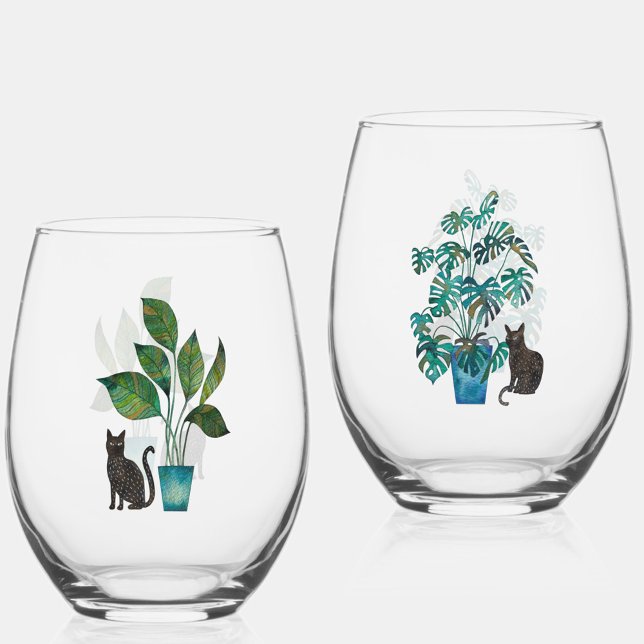 Vaso De Vino Gato con plantas de la casa acuarela (Watercolor cat with house plant art glasses)