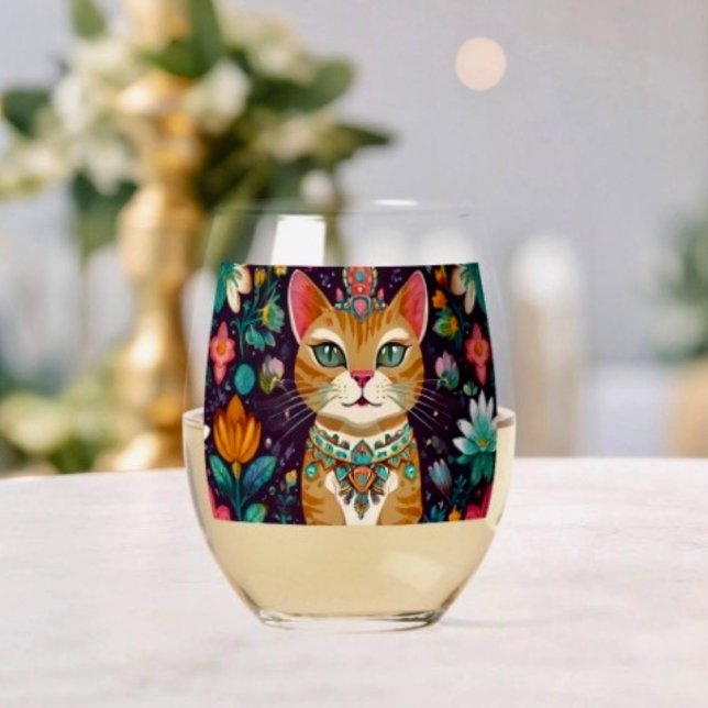 Vaso De Vino Gato Corona Joyas  (Crowned Bejewelled Cat Stemless Wine Glass  Dimensions: 4.25” height x 3.375” diameter 16 oz.)