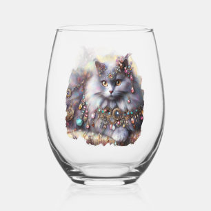 Vaso De Vino Gato Gris De Pelo Largo Con Gemas De Joyería