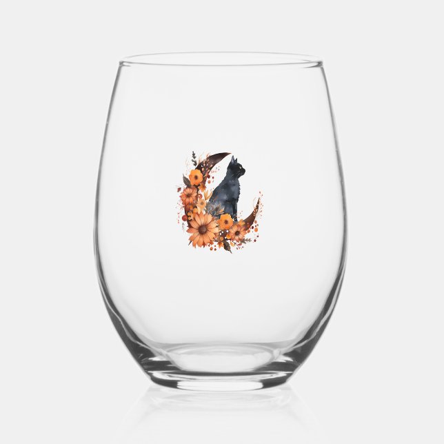 Vaso De Vino Gato negro en calabaza floral de la luna Halloween (Anverso)