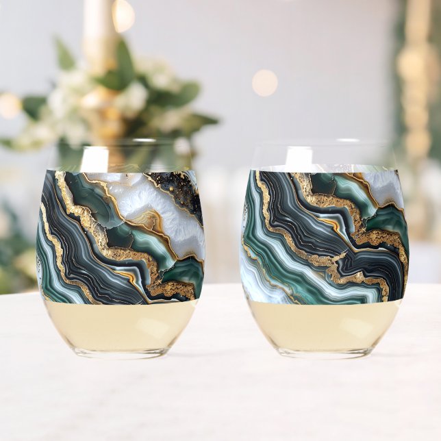 Vaso De Vino Geoda Verde Negro Oro Blanco (Insitu (Boda))