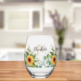 Vaso De Vino Girasoles nombre personalizado iniciales de monogr