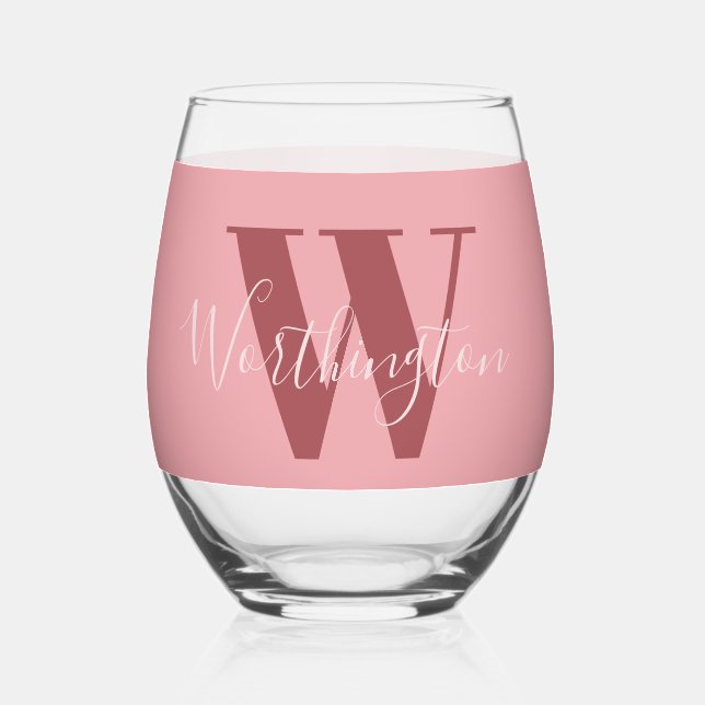 Vaso De Vino Girly Monograma y Nombre Rojo rosa (Anverso)