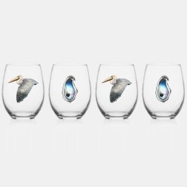 Vaso De Vino Glass Pelican & Oyster Stemless Wine Glass - 4 set