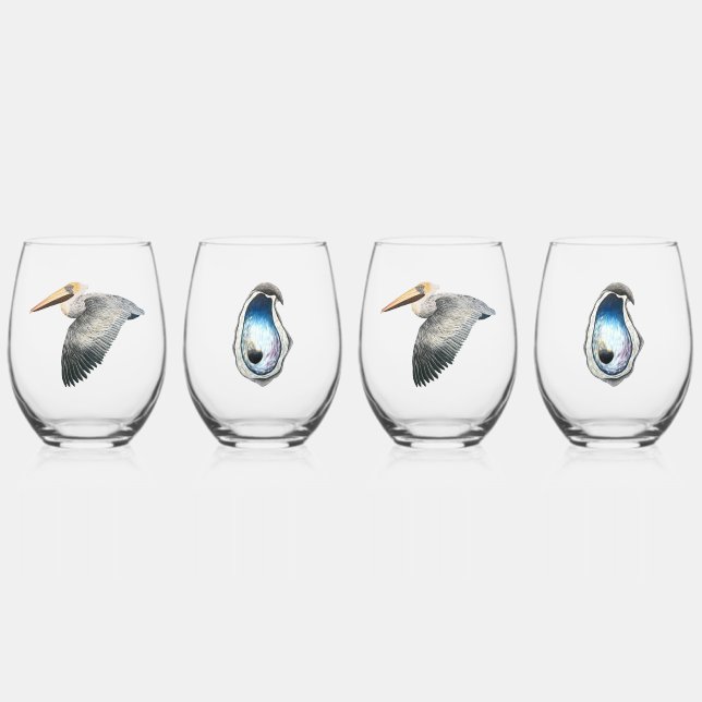 Vaso De Vino Glass Pelican & Oyster Stemless Wine Glass - 4 set (Anverso)