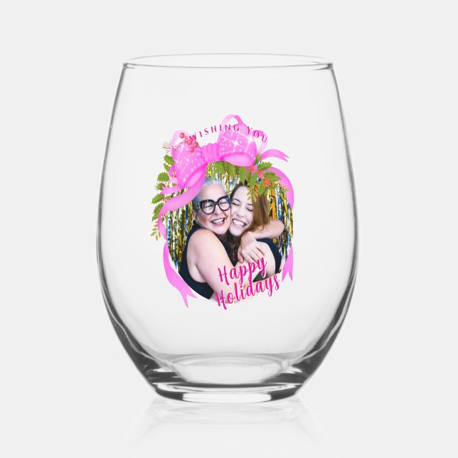Vaso De Vino Glittering Pink Ribbon Navidades Blue (Anverso)