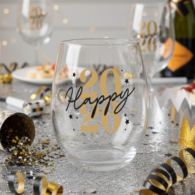 Vaso De Vino Gold Black 2026 Happy New Year (Subido por el creador)
