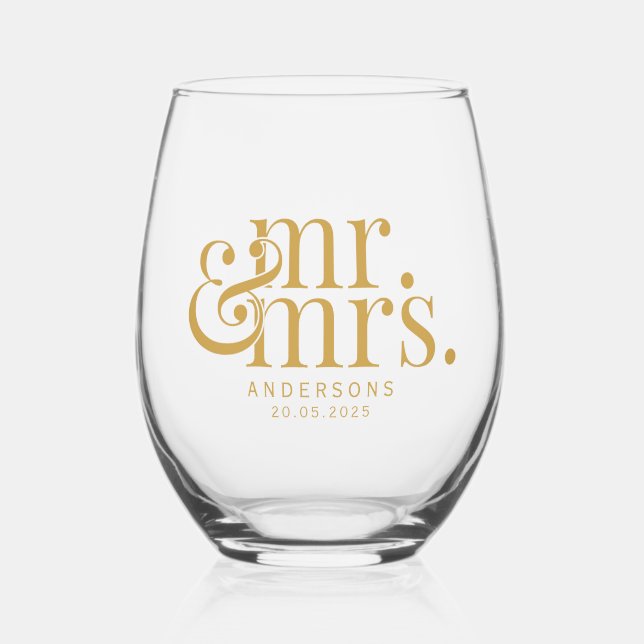 Vaso De Vino Gold Modern Calligraphy Sr. y Sra. Boda (Anverso)