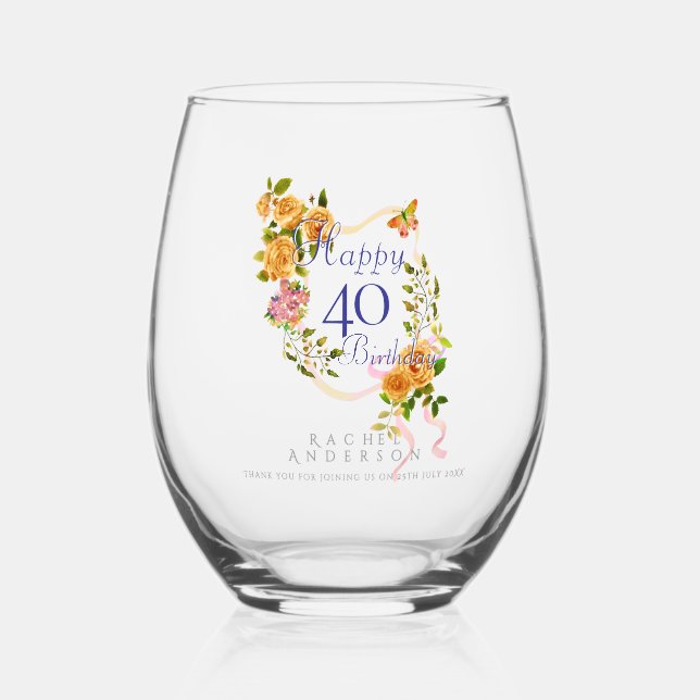 Vaso De Vino Gold Rose Ribbon 40th Birthday (Anverso)