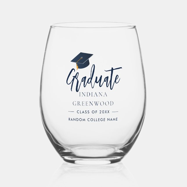 Vaso De Vino Graduación 2025 Script Navy Blue Personalizado (Anverso)
