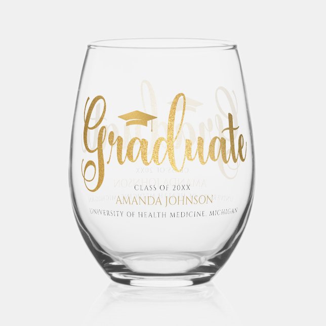 Vaso De Vino Graduación del nombre del graduado negro (Anverso)