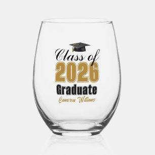 Vaso De Vino Graduación Personalizada de Oro y Negro Clase de 2