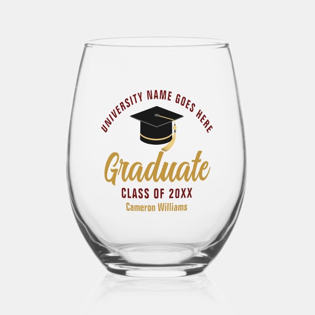 Vaso De Vino Graduado Personalizado de la Escuela de Oro Maroon (Anverso)