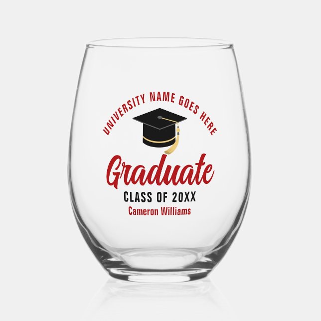 Vaso De Vino Graduado rojo personalizado de la universidad (Anverso)