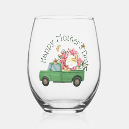Vaso De Vino Green Truck Spring Bouquet Stemless Wine Glass