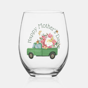 Vaso De Vino Green Truck Spring Bouquet Stemless Wine Glass