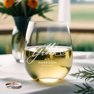 Vaso De Vino Groom Elegant Script Grooms Nombre Fecha Boda
