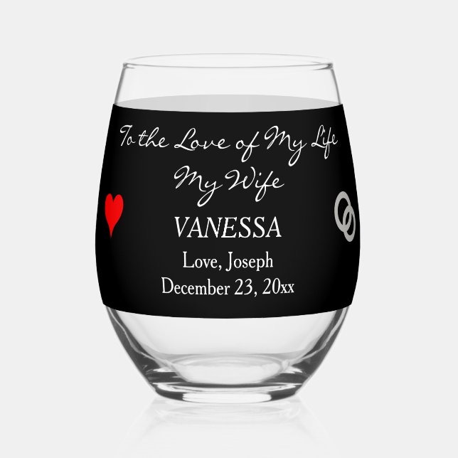 Vaso De Vino Groom to Bride Monograma Corazón Rojo Negro (Anverso)