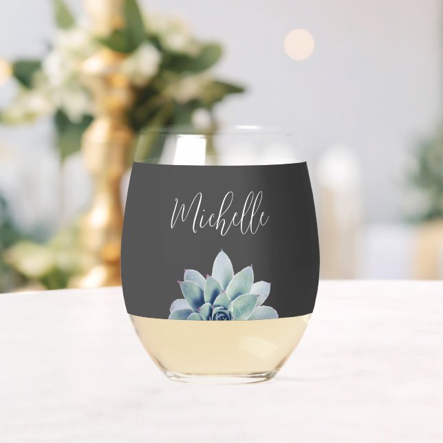 Vaso De Vino Guión Botánico Suculento Elegante Gris Clásico (Insitu (Boda))