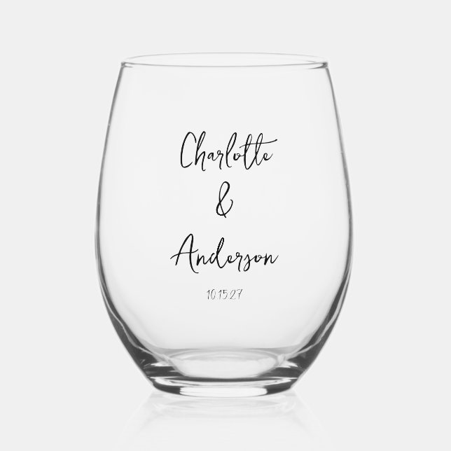 Vaso De Vino Guión manuscrito Boda personalizada blanca y capri (Anverso)