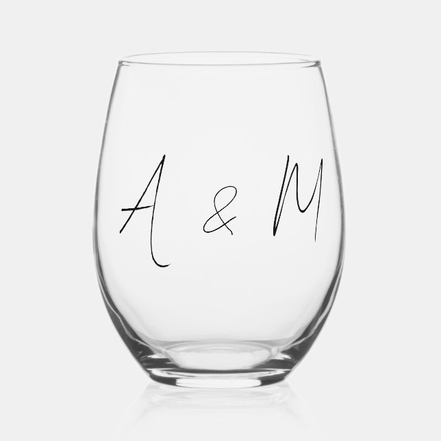 Vaso De Vino Guión mínimo Monograma Boho Boda Blanco negro (Anverso)