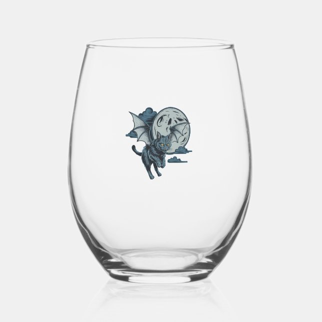 Vaso De Vino Halloween con miedo de gato de ala negra (Anverso)