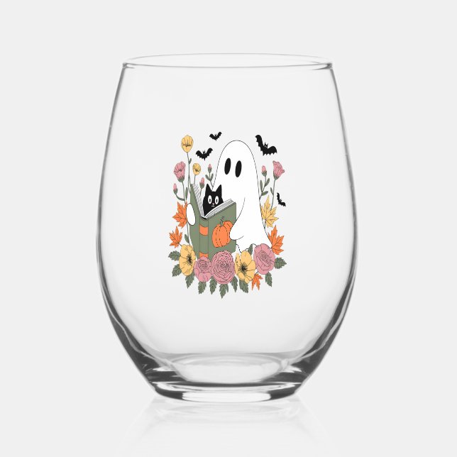 Vaso De Vino Halloween Ghost Reading Book Cat (Anverso)
