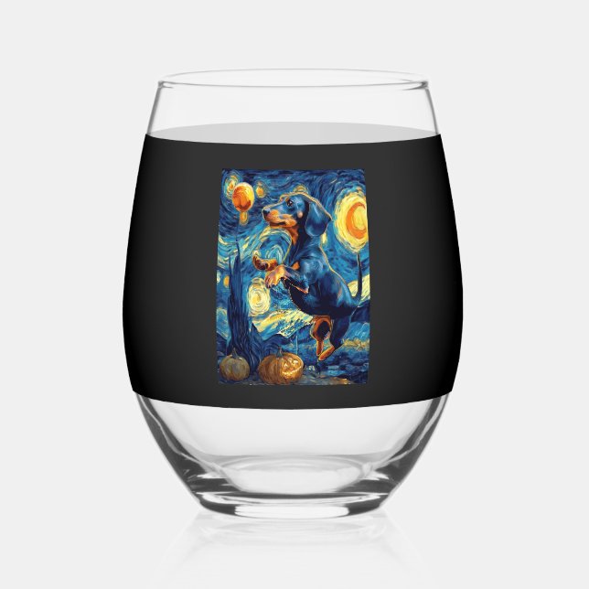 Vaso De Vino Halloween Starry Night Puppy Dachshund (Anverso)
