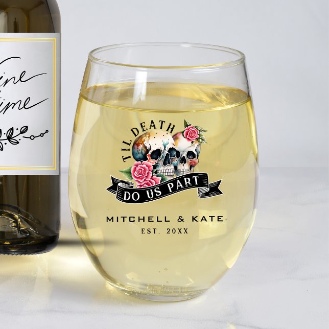 Vaso De Vino Hasta la muerte nos separan calaveras y Rosas Boda (Til Death Do Us Part Skulls & Roses White Wedding Stemless Wine Glass
)
